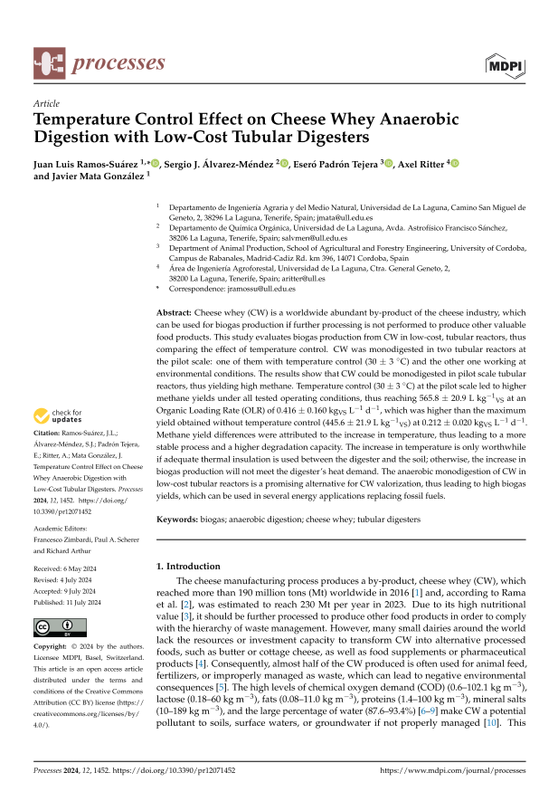 Temperature Control Effect on Cheese Whey Anaerobic Digestion with Low-Cost Tubular Digesters